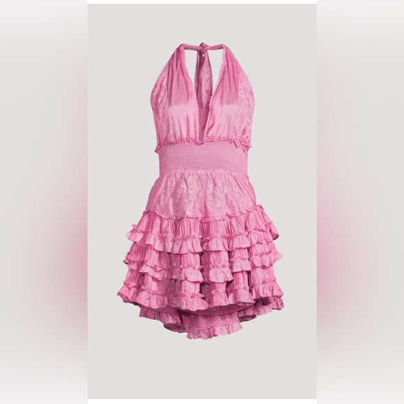 Love Shack Fancy- Quintelle Ruffle Halter Mini Dress- Tulip Pink - Picture 12 of 13